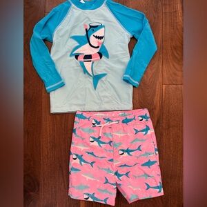 Shark Print Boys Rash Guard and swim trunks